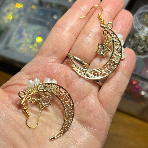 3/$25 Crescent Moon Earrings with Floral Accents - Picture 2 of 5